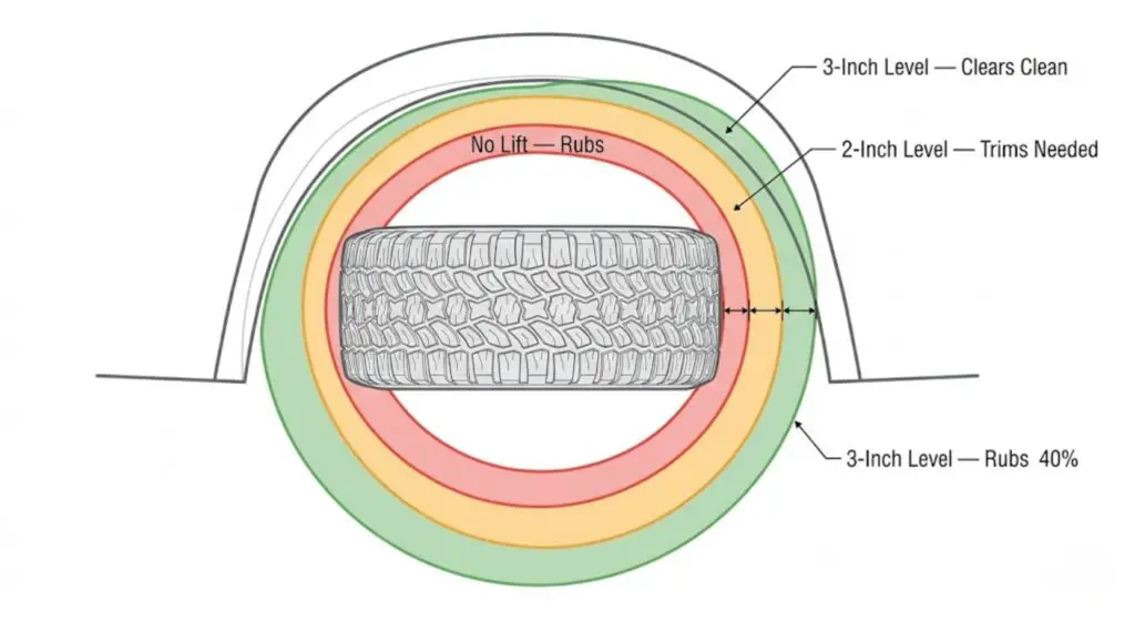 Top-down schematic of F-150 wheel well with 35-inch tire showing three clearance zones by lift height — red for stock rub, amber for 2-inch level trimming required, green for 3-inch level clean fit
