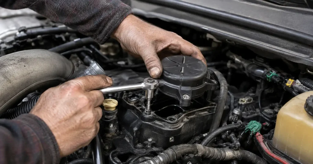 6.7 Powerstroke CCV Filter Replacement: Step-by-Step Guide (2011–2024 F-250 and F-350) 3 Mechanic removing 6.7 Powerstroke CCV housing with socket wrench
Search Terms: diesel engine repair hands mechanic, engine valve cover removal, diesel truck DIY maintenance, mechanic working on truck engine, engine component replacement workshop