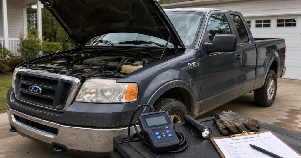 2004 Ford F150 5.4 Triton parked with hood open and engine inspection tools nearby — shows this article is a used truck buying and engine-risk guide