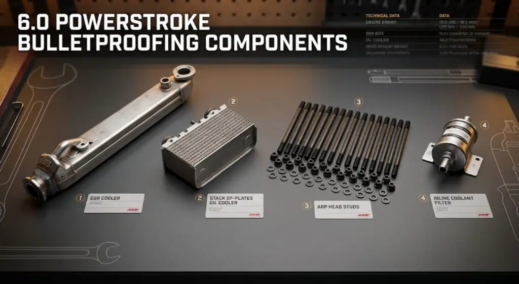Flat-lay of the four 6.0 Powerstroke bulletproof build components — upgraded EGR cooler, replacement oil cooler, ARP head studs, and coolant filtration kit — the complete set required to address the engine's core failure chain