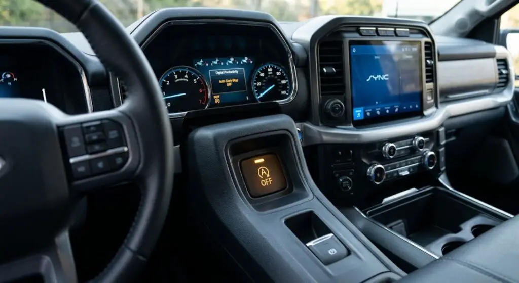 Ford truck dashboard showing the illuminated Auto Start-Stop button — vehicles with this system require AGM batteries by OEM specification, not standard flooded batteries
