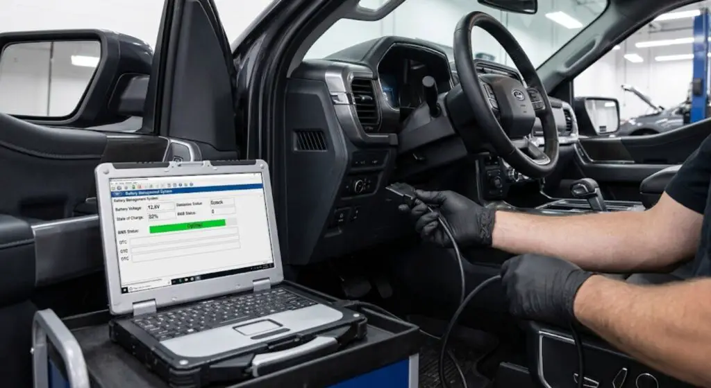 Mechanic using a laptop connected via OBD-II port to reset the Battery Management System on a Ford truck — a required step after battery replacement on 2015 and newer Ford models to prevent charging errors and premature battery failure.
