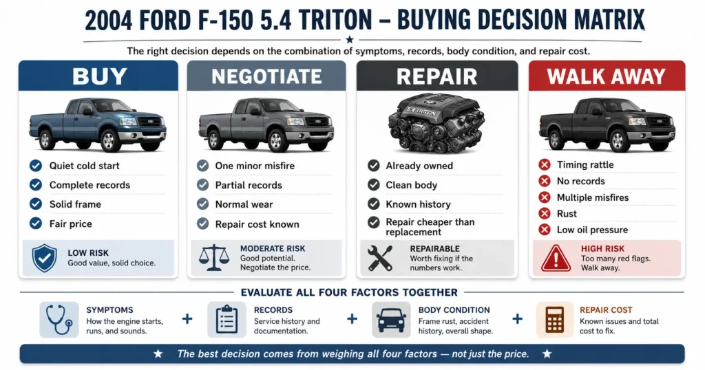 Decision matrix for a 2004 Ford F150 5.4 Triton showing buy negotiate repair and walk away scenarios — summarizes how symptoms records rust and price affect the final decision