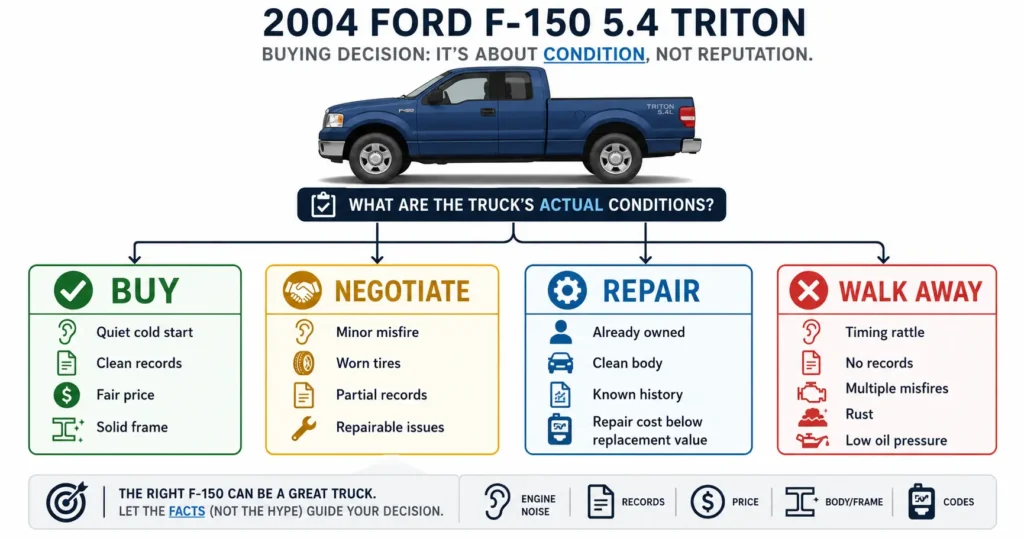 Buy negotiate or walk away decision flow for a 2004 Ford F150 5.4 Triton — shows how engine noise records price and inspection results change the buying decision