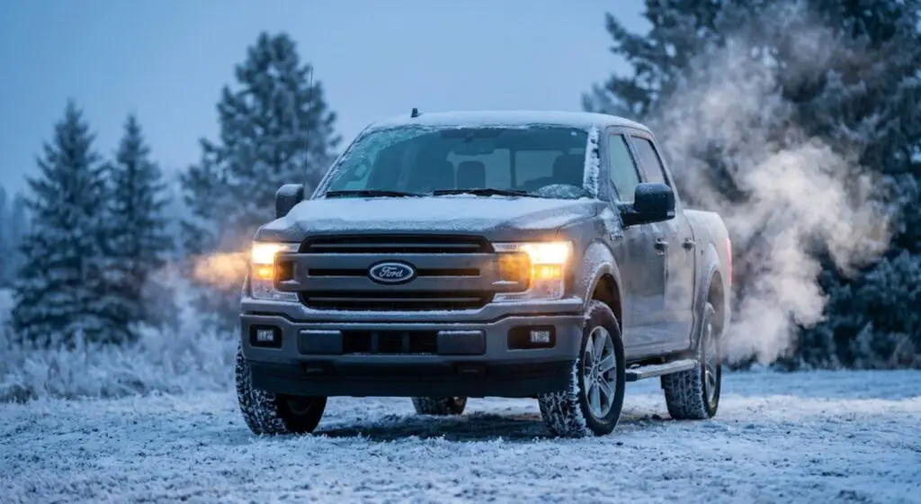 Ford F-150 truck in cold winter conditions with snow on the hood and exhaust visible in the freezing air — the scenario where AGM batteries deliver a meaningful cold cranking amp advantage over standard flooded batteries