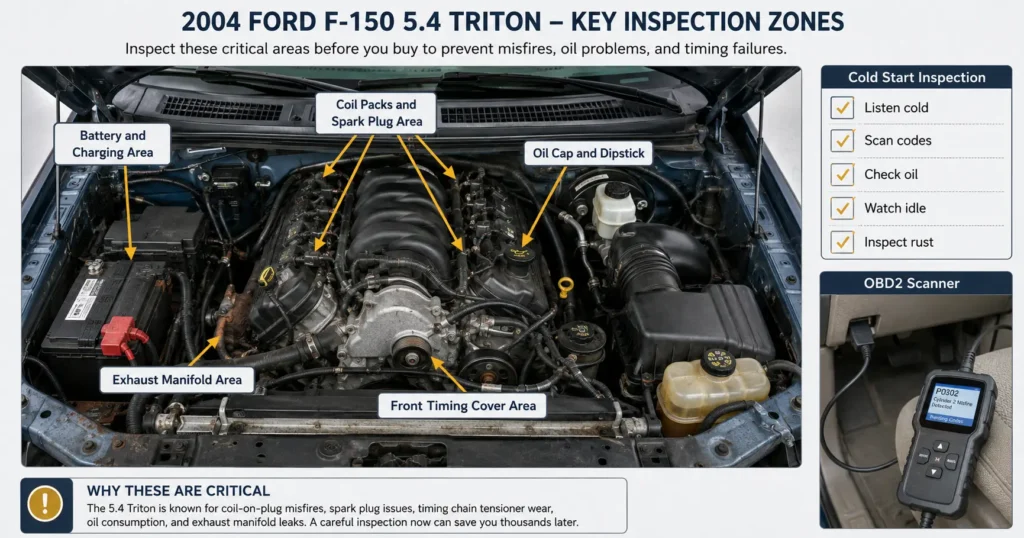 Annotated 2004 Ford F150 5.4 Triton engine bay showing coil packs oil cap timing cover area and OBD scan tool — shows what to inspect before buying