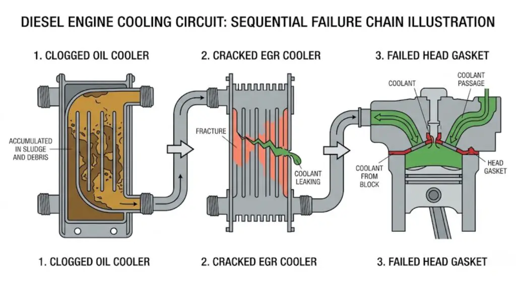Cross-section diagram of the 6.0 Powerstroke failure chain — oil cooler debris blockage leading to EGR cooler crack and finally head gasket failure, showing how each failure causes the next