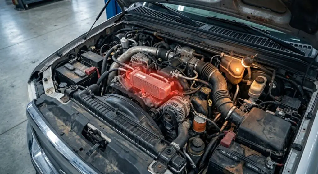 Ford 6.0 Powerstroke engine bay with diagnostic overlay highlighting EGR and oil cooler failure zones — illustrating why the 2003–2004 model years carry the highest repair risk