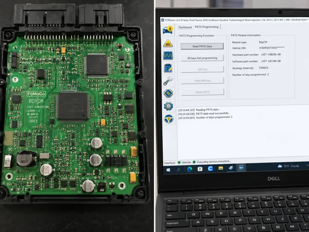 Ford BdyCM circuit board and FORScan PATS programming screen shown side by side