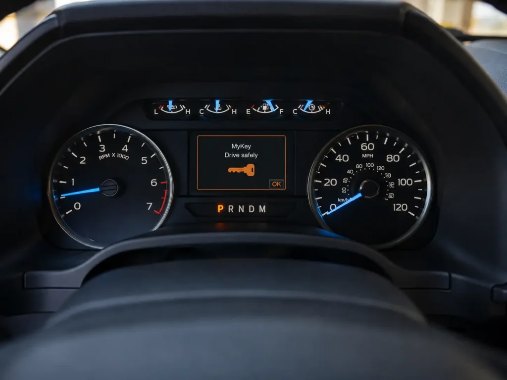 Ford F-150 dashboard showing MyKey warning message on the instrument cluster screen