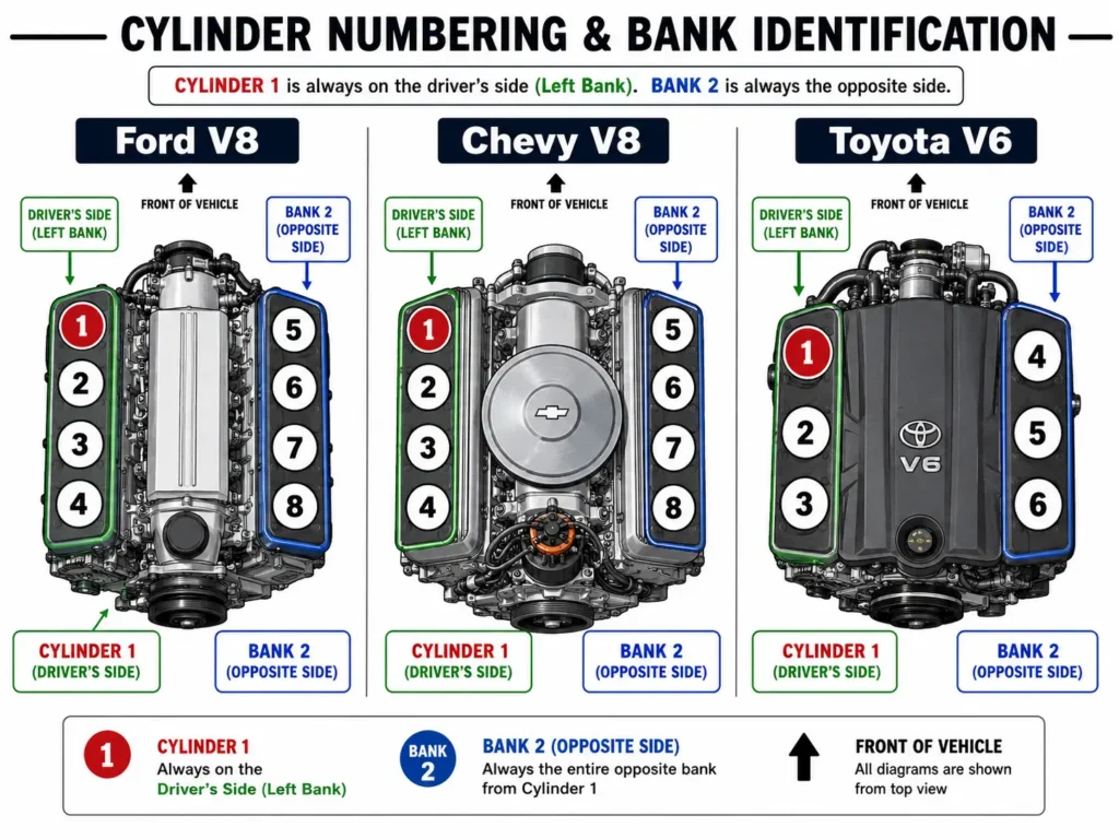 Engine block diagrams showing Cylinder 1 locations for Ford, Chevy, and Toyota — proves that Bank 2 is always the opposite side