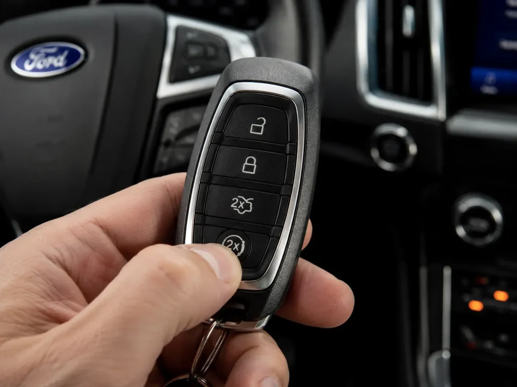 Hand pressing remote start button on a Ford key fob inside a vehicle cabin