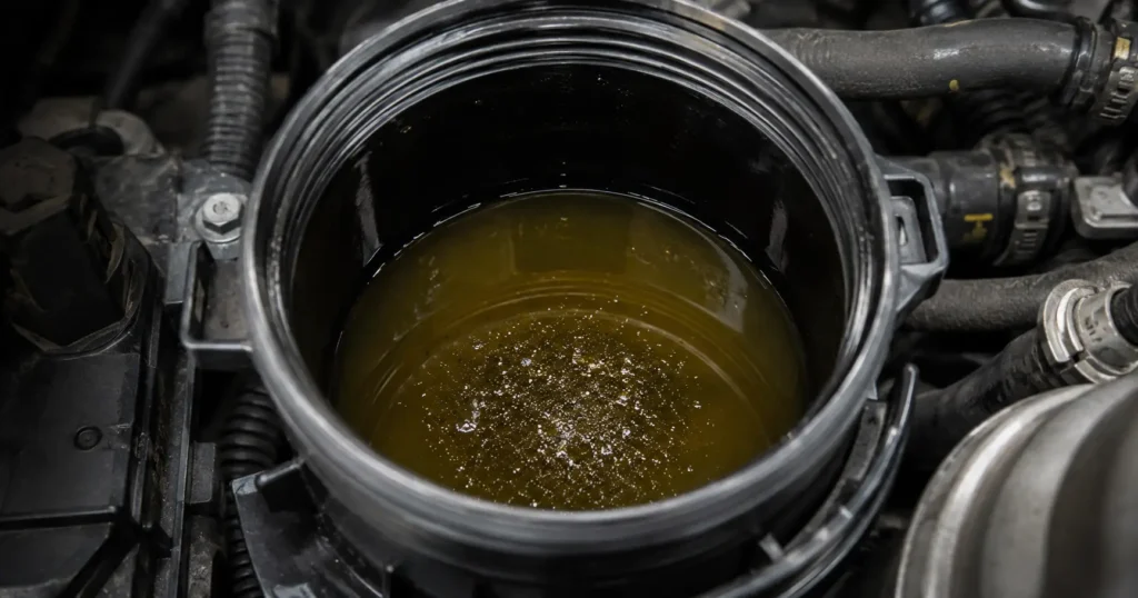 Glittering metallic flakes sitting in the bottom of a 6.4L fuel filter housing