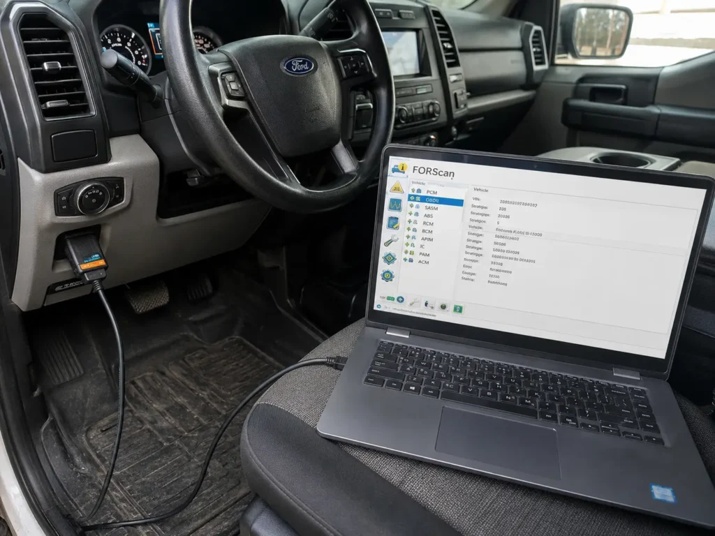 Laptop running FORScan software with OBD2 adapter connected inside a Ford truck