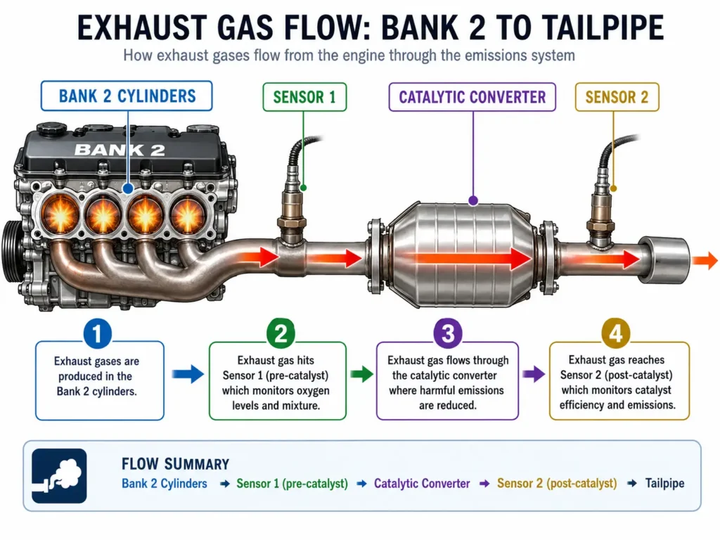 Numbered diagram of exhaust flow from engine block to tailpipe — proves the exact sequence of exhaust components