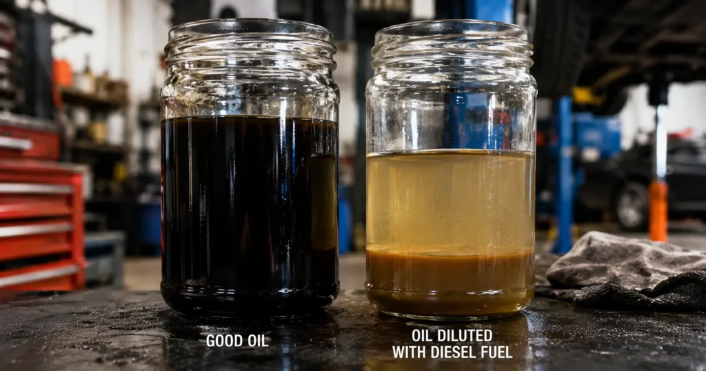 Comparison of healthy heavy-duty diesel oil versus watery, fuel-diluted oil