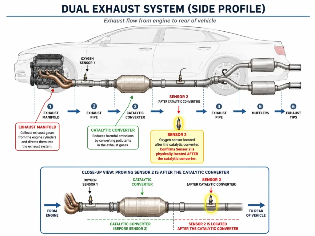 Side profile of a dual exhaust system with labels — proves Sensor 2 is physically located after the catalytic converter