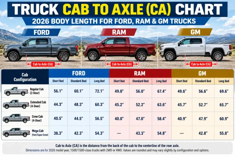 2026 truck cab-to-axle (CA) comparison chart for Ford, Ram, Chevrolet, and GMC pickups, showing measurements by cab configuration and bed length.