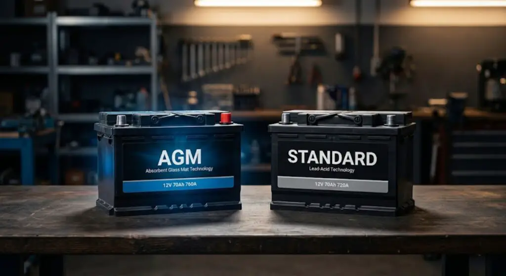 Two automotive batteries side by side — AGM on the left and standard lead-acid on the right — showing the visual difference that signals which battery type is worth the premium for Ford truck owners.
