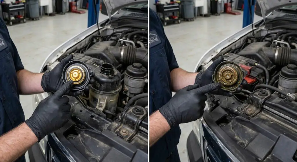 Side-by-side comparison of clean Ford Gold coolant versus contaminated brown coolant in a 6.0 Powerstroke degas bottle cap — showing what a passing versus failing coolant inspection looks like