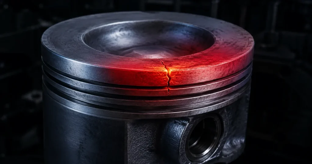 3D render of a 6.4L Power Stroke cast aluminum piston with a cracked lip