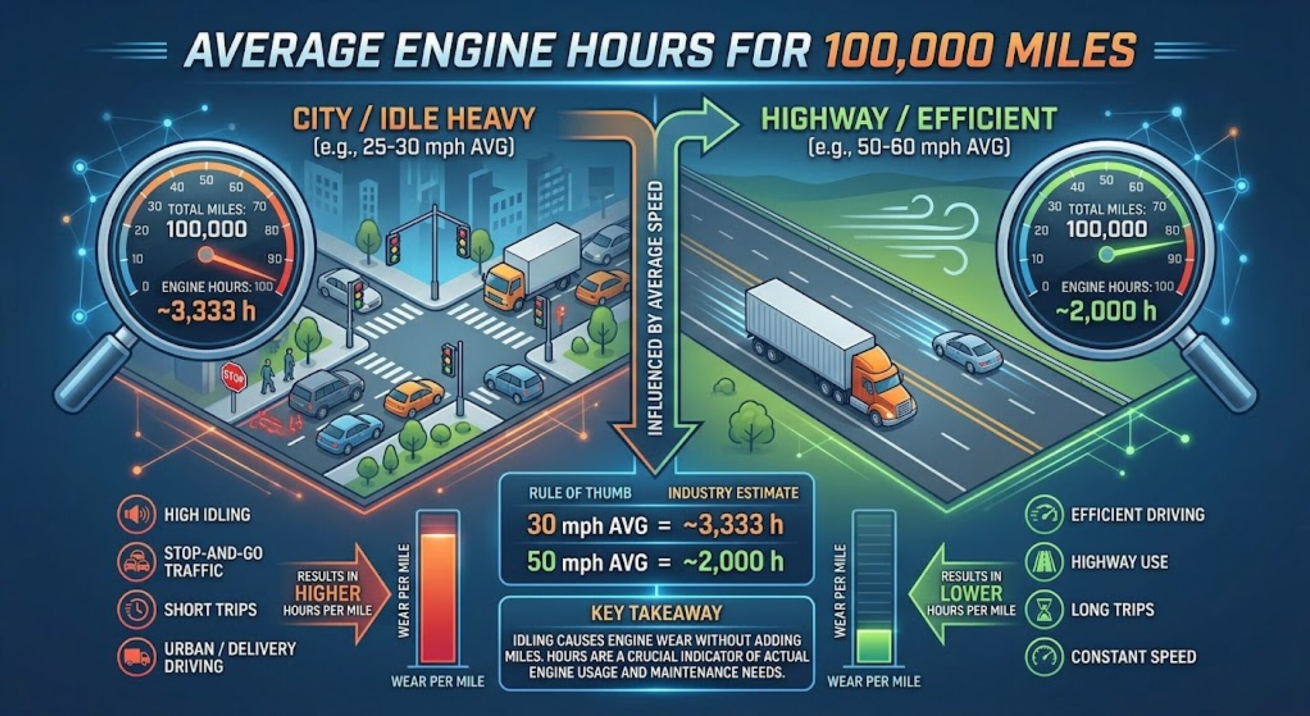 average engine hours for 100 000 miles