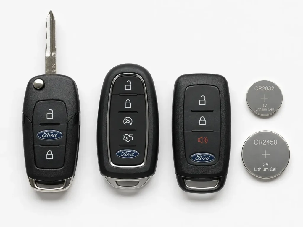 How to Change Battery in Ford Key Fob — Complete Guide 2026 (All Models) 2 Three Ford key fobs—a flip key, teardrop smart key, and rectangular smart key—arranged side by side next to CR2032 and CR2450 coin batteries on a white background.