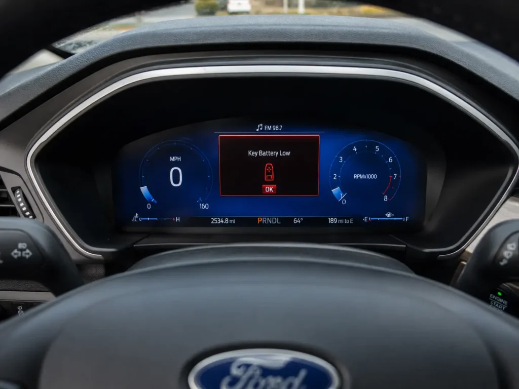 How to Change Battery in Ford Key Fob — Complete Guide 2026 (All Models) 4 Ford digital instrument cluster displaying a “Key Battery Low” warning message on the dashboard screen inside a modern vehicle.