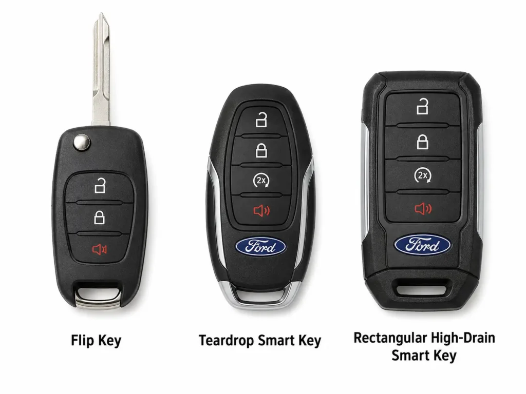 How to Change Battery in Ford Key Fob — Complete Guide 2026 (All Models) 5 Three Ford key fobs on a white background labeled Flip Key, Teardrop Smart Key, and Rectangular High-Drain Smart Key.