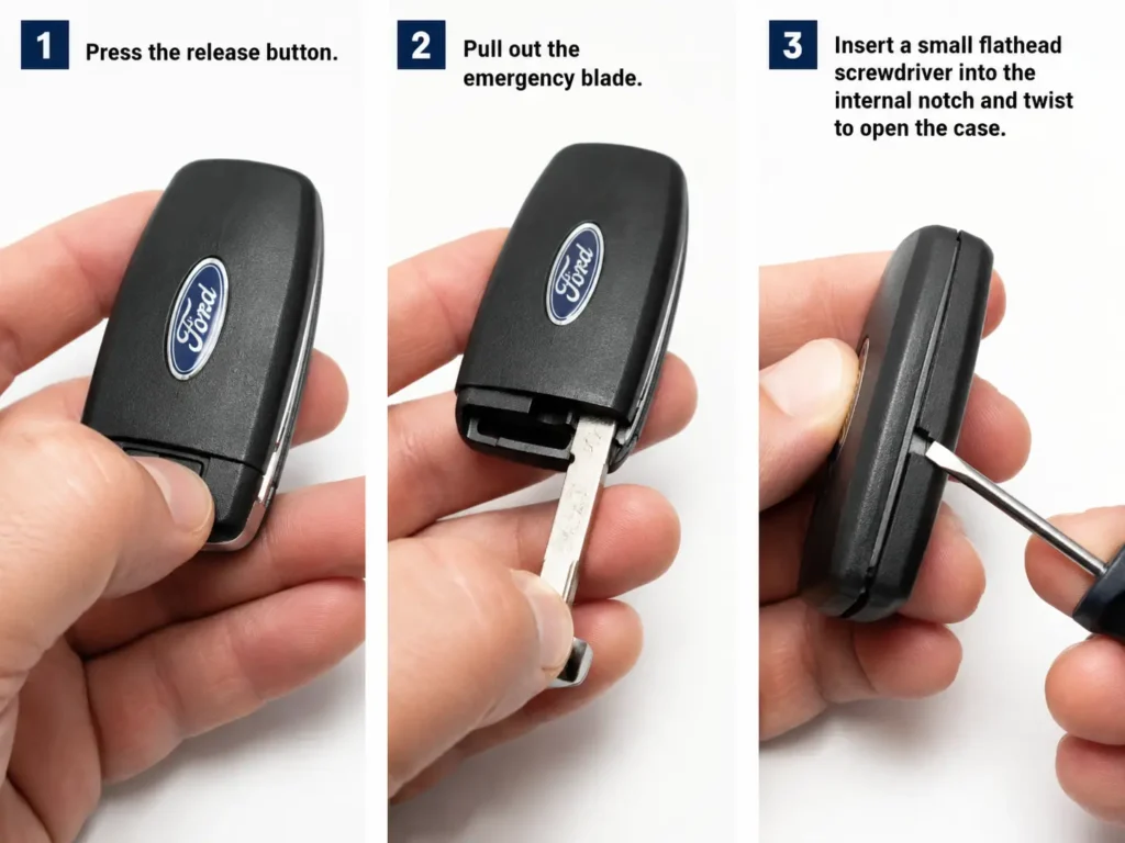 How to Change Battery in Ford Key Fob — Complete Guide 2026 (All Models) 6 Step-by-step photo sequence showing hands opening a Ford smart key fob by pressing the release button, removing the emergency blade, and twisting a flathead screwdriver in the notch.