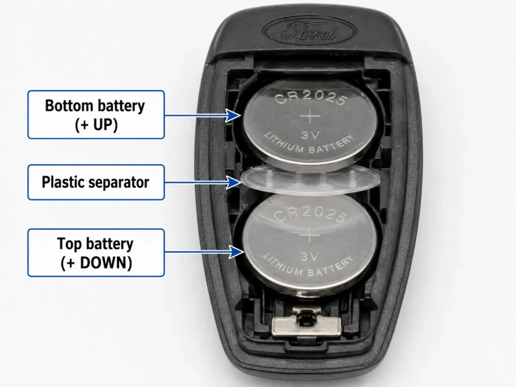 How to Change Battery in Ford Key Fob — Complete Guide 2026 (All Models) 7 Open Ford key fob interior with two stacked CR2025 coin batteries and a clear plastic separator, labeled to show correct battery orientation.
