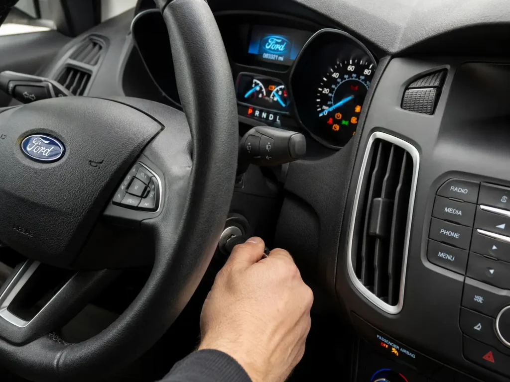 How to Change Battery in Ford Key Fob — Complete Guide 2026 (All Models) 9 Inside view of a Ford vehicle showing a hand turning the ignition key while dashboard lights illuminate on the instrument cluster.
