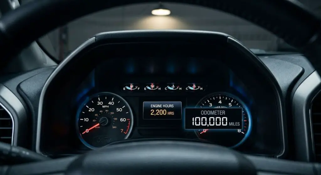 Ford truck instrument cluster showing engine hour meter at 2,200 hours and 
odometer at 100,000 miles — illustrating that engine hours and miles measure 
different aspects of engine wear