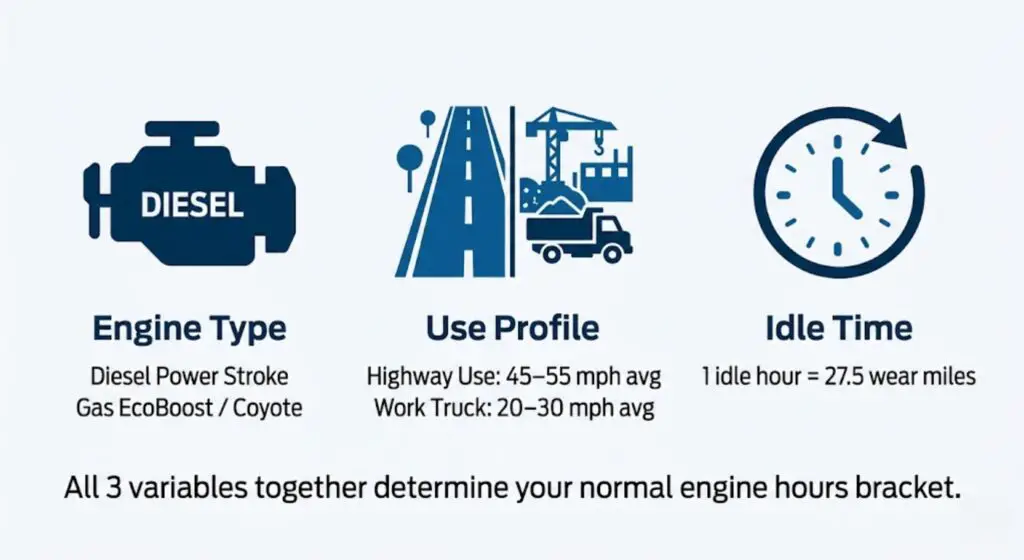 Infographic showing the 3 variables that determine normal Ford truck engine 
hours — engine type, use profile, and idle time — with the 27.5 miles 
per idle hour wear equivalency factor labeled