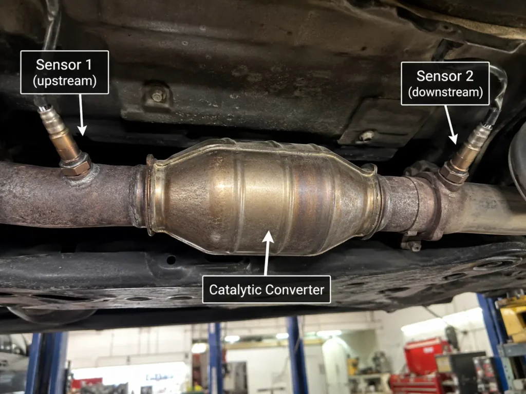Side by side comparison of upstream and downstream oxygen sensors — proves their distinct positions relative to the catalytic converter