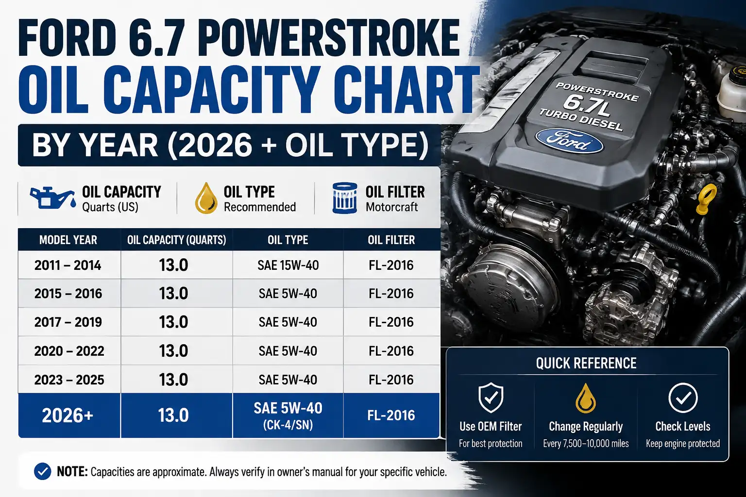 Ford 6.7 PowerStroke Oil Capacity Chart By Year (2026 + Oil Type)