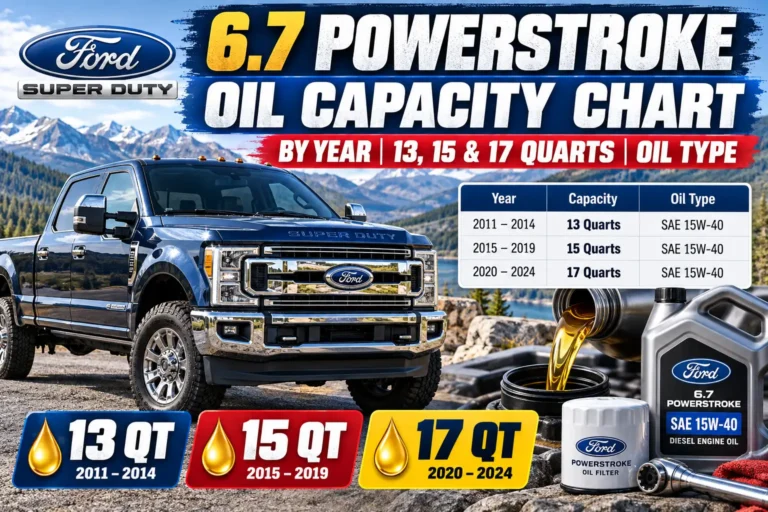 Ford 6.7 Powerstroke oil capacity chart by year showing 13, 15, and 17 quarts