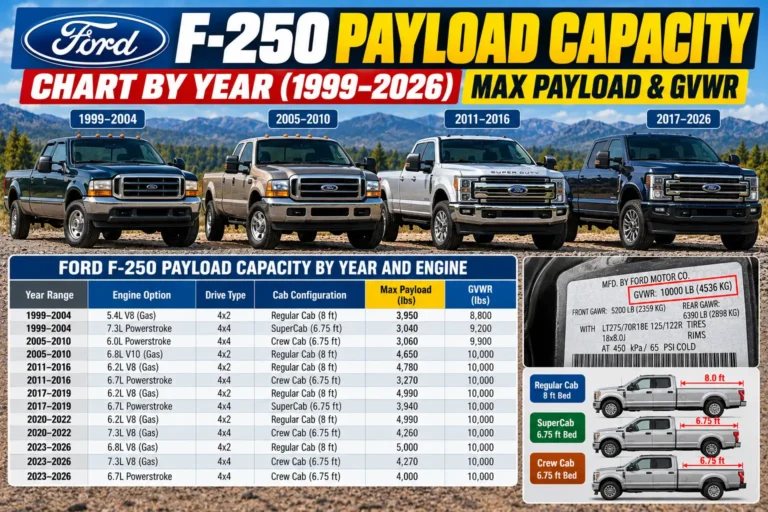 Ford F-250 Payload Capacity Chart by Year (1999–2026): Max Payload & GVWR