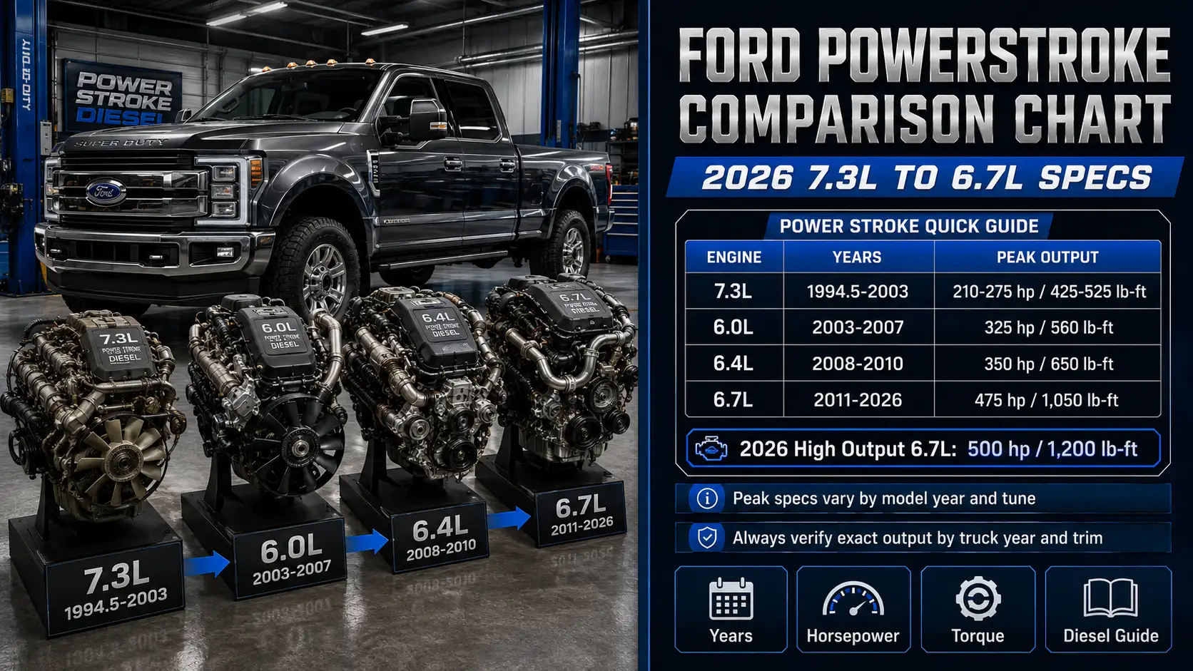 Ford Powerstroke Comparison Chart: 2026 7.3L to 6.7L Specs