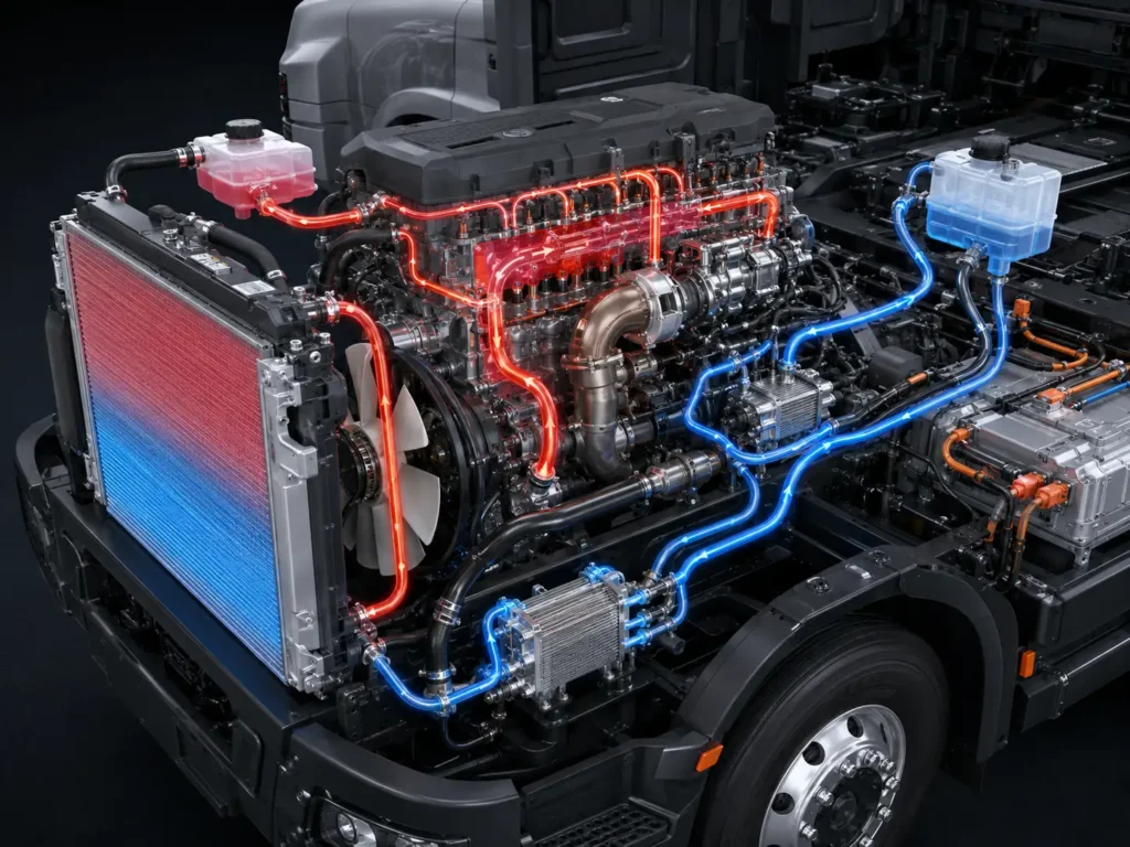 3D rendering of a hybrid truck dual-loop cooling system with red and blue coolant pathways