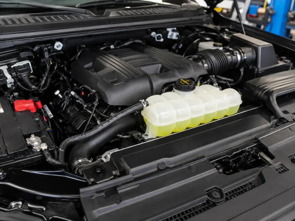 Ford F-150 engine bay showing coolant reservoir and radiator hoses under garage lighting
