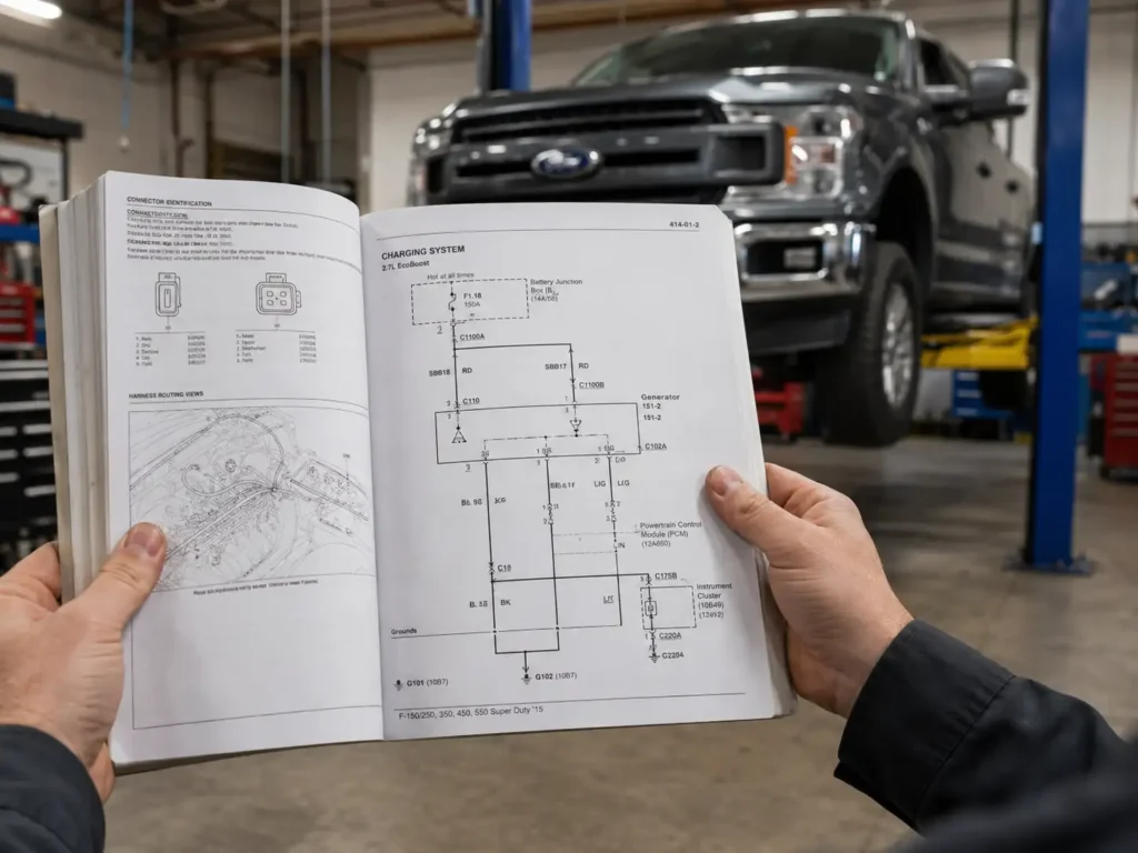 Ford Wiring Color Code Chart: 2026 All Abbreviations Decoded 3 Mechanic holding Ford wiring diagram manual in workshop with Ford truck in background