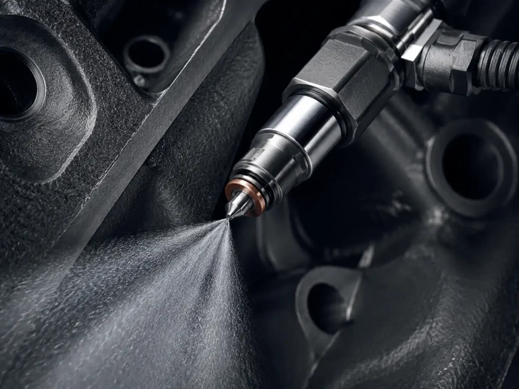 Bosch high-pressure diesel fuel injector spraying fine atomized mist against dark CGI engine block texture