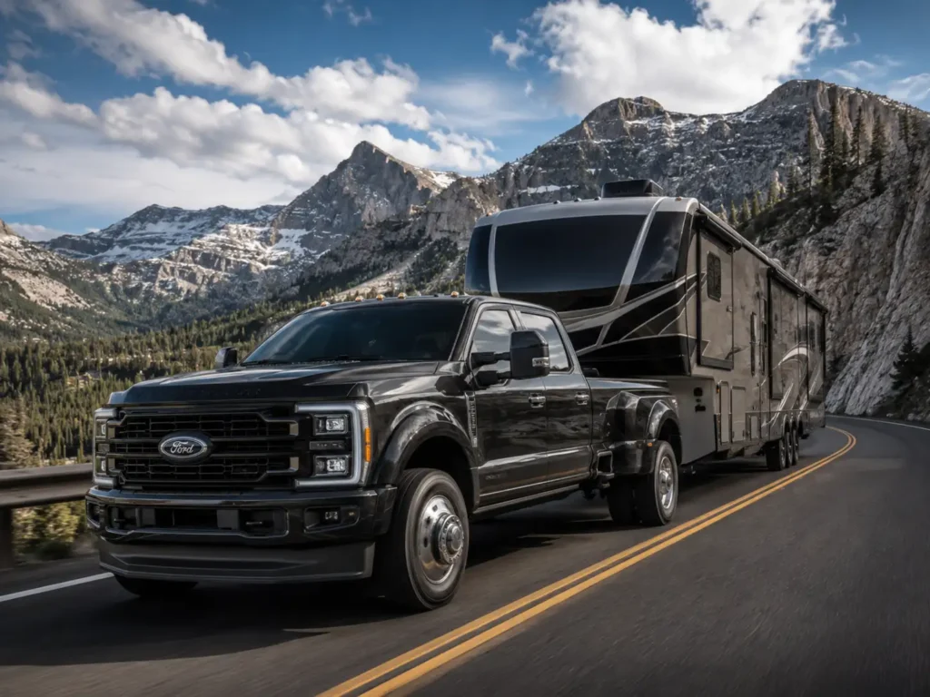 2026 Ford F-450 Super Duty dually towing a large fifth-wheel RV on a mountain highway