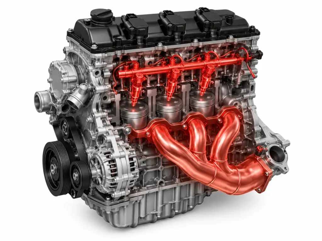 Ford EcoBoost Engine Comparison Chart and Reliability Guide 2026 2 Compact 3-cylinder aluminum engine block with red-highlighted fuel injection system and exhaust manifold on a white background
