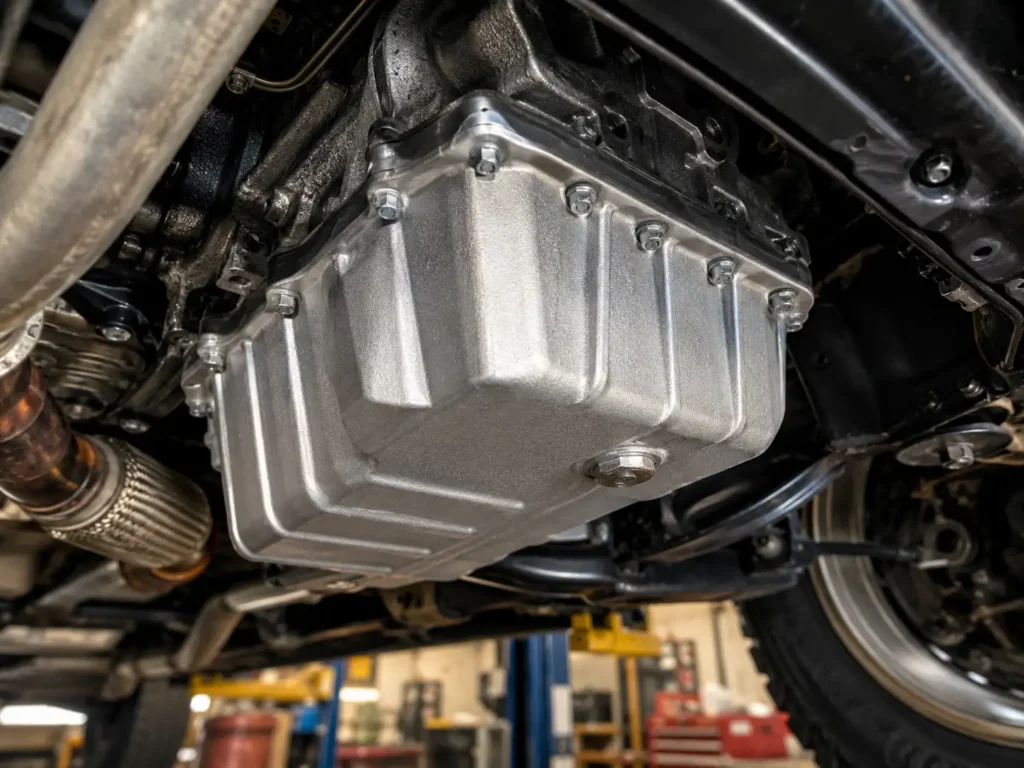 Ford EcoBoost Engine Comparison Chart and Reliability Guide 2026 3 Close-up of a Ford F-150 lower engine bay showing a cast-aluminum aftermarket oil pan in a well-lit garage