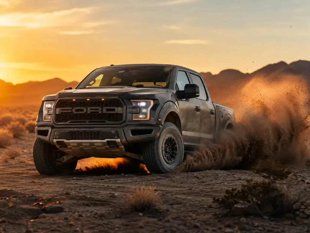 Ford EcoBoost Engine Comparison Chart and Reliability Guide 2026 4 Ford F-150 Raptor driving fast through desert sand at sunset with dust flying behind the truck