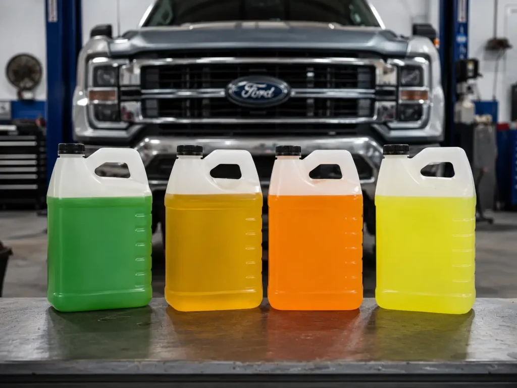 Four automotive coolant jugs in green, gold, orange, and yellow on a workbench with Ford truck background