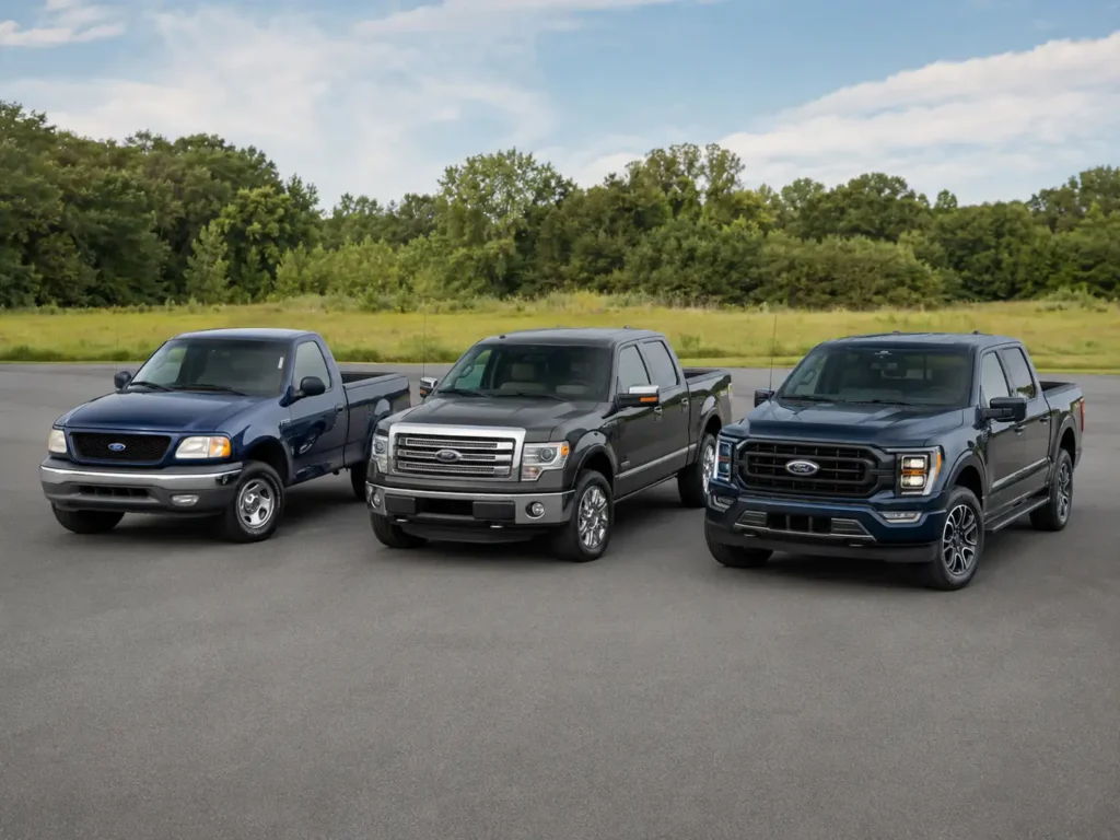 Ford F-150 Engine Options by Year Chart - 2026 2 Ford F-150 trucks from multiple generations showing engine era changes by year. Ford F-150 generations comparison, F-150 multiple model years, Ford truck lineup evolution, F-150 side by side years, Ford pickup truck history