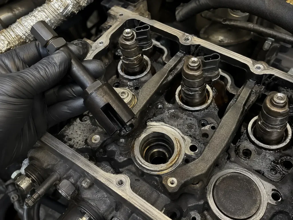 Ford 6.7 Powerstroke Injector Cup Size Chart by Year 2026 3 6.7 Powerstroke injector sleeve tool near cylinder head bore.
6.7 Powerstroke injector sleeve tool, diesel injector bore, Ford injector removal tool, Powerstroke cylinder head injector